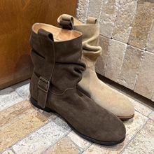 羊皮版~韩系褶皱感堆堆靴圆头平底西部牛仔靴女新款马丁靴短靴子