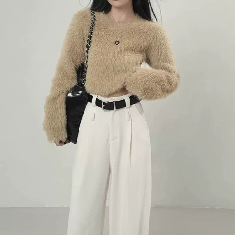 跨境欧美风仿水貂绒圆领套头软糯毛衣女秋冬季纯色外穿短款针织衫