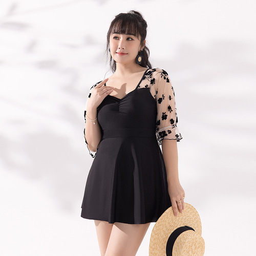  new women's swimsuit conservative large size one-piece skirt style black fat mm covering flesh internet celebrity long-sleeved hot spring swimsuit