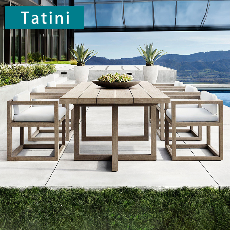 Mesas y sillas de teca para exteriores para patios de villas, mesas largas de madera impermeables para todo tipo de clima, mesas de madera maciza anticorrosivas para jardín exterior.