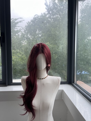 Front lace wig full headband high temperature silk curly hair middle parted French big wave raspberry red COS wig for women