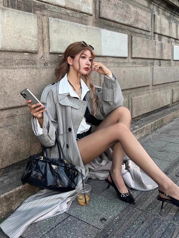 高级感条纹风衣外套女2025春秋新款宽松系带韩版中长款慵懒风大衣|undefined
