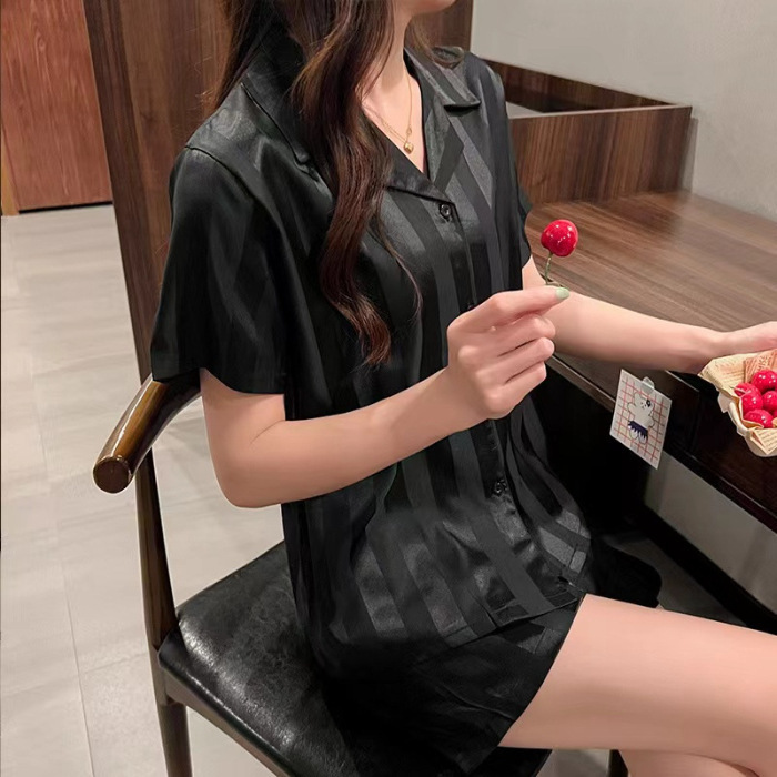 アイスシルクパジャマ女性のストライプ新しい夏薄い半袖夏模擬シルクホーム服 2 点セット卸売可能|undefined