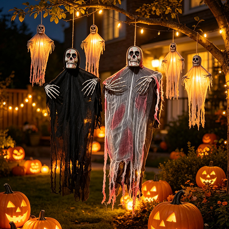 Decoración de Halloween fantasmas colgantes horrores accesorios calaveras colgantes fantasmas disfraz de casa embrujada al aire libre colgantes decoraciones gaza fantasmas