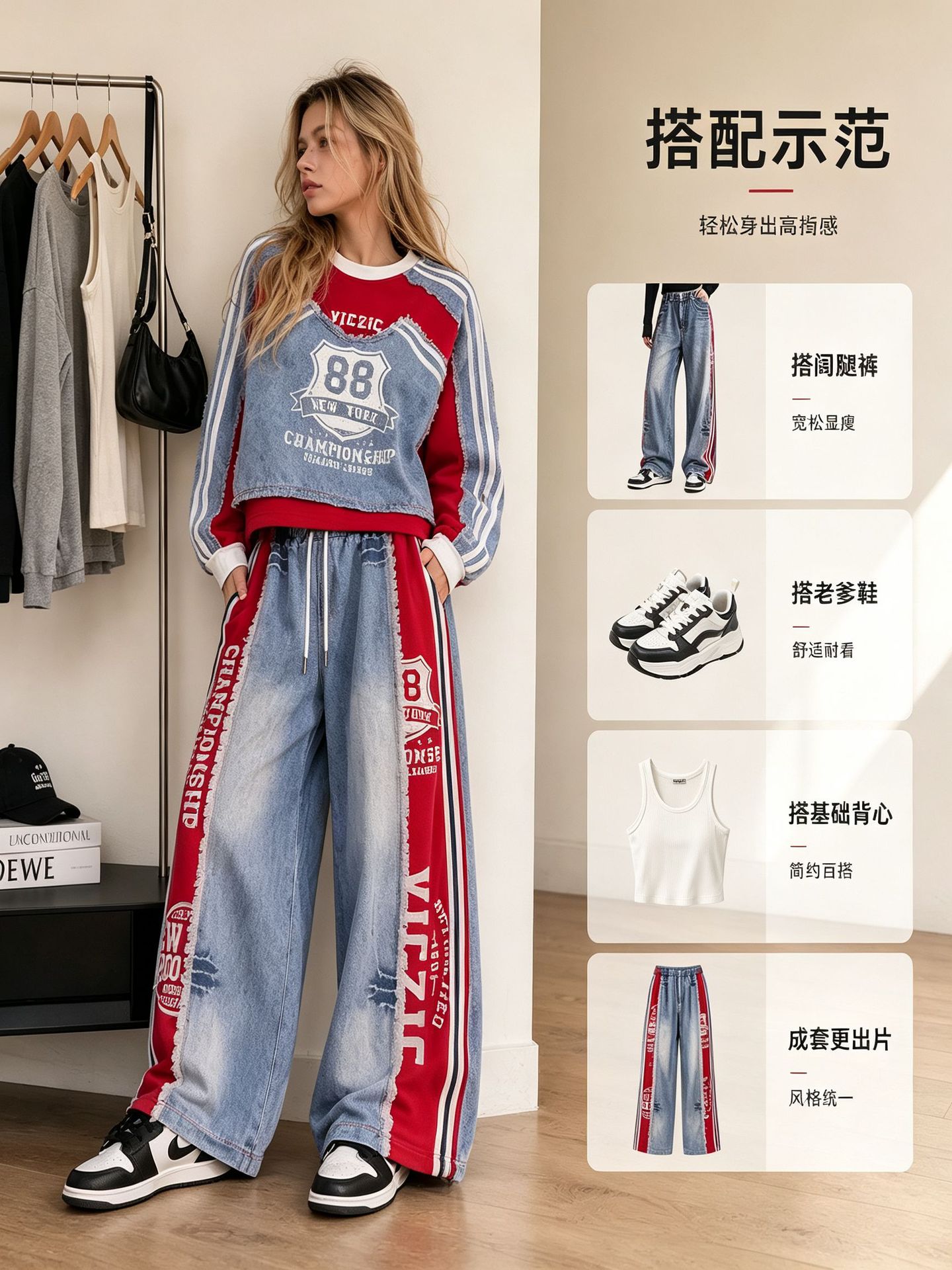 Conjunto de Mezclilla Retro para Mujer, Corte Holgado, Manga Larga