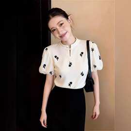 法式温柔风白色泡泡袖衬衫女2026夏季超好看立领植物刺绣改良上衣