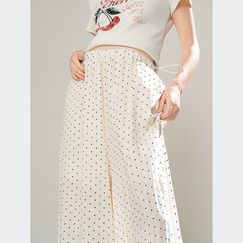Summer Thin Maternity Polka Dot Hollow-Out Wide-Leg Pants with Drawstring Waist, Lazy Style, Sweet Design, Linen Cropped Casual Pants