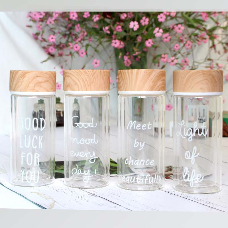 2022新款木紋蓋白色字母雙層玻璃杯創意便攜式透明水杯廠家直發