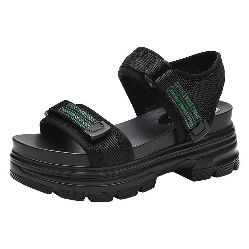 Giày sandal thể thao da thật đế dày nữ gót 4cm quai chữ V khóa dán — JST 1609 cao gót xanh đen 4cm, Đen trắng 2001 LJ, JST 1611 cao gót xanh đen 4cm, 2206 ML màu đen