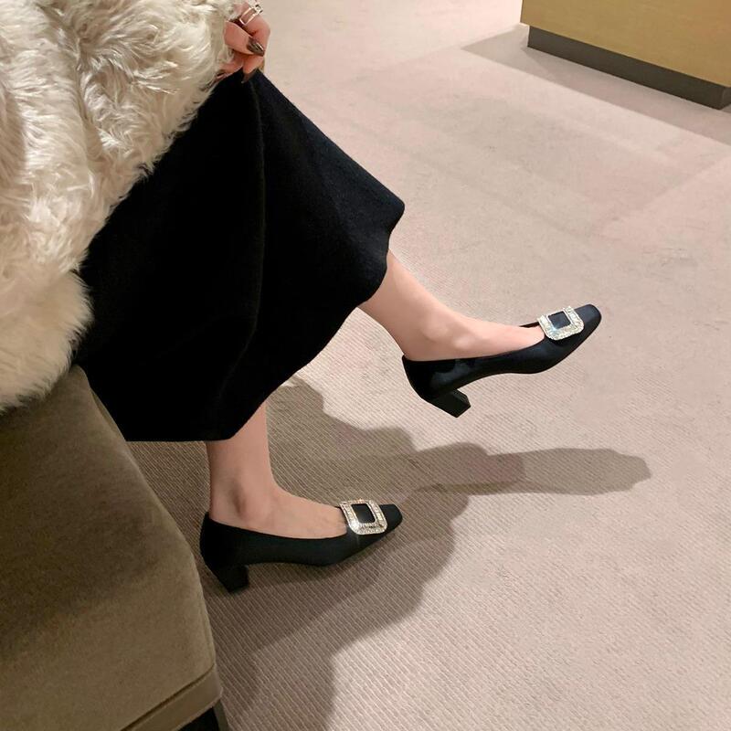Grape mom Studiolee evening style elegant rhinestone square buckle square toe shallow mouth mid heel silk commuter shoes for women