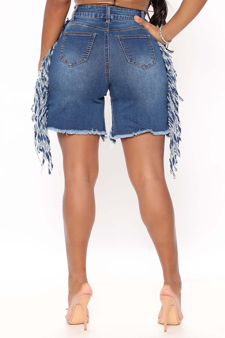 tassel high waist elastic frayed denim shorts NSARY126803