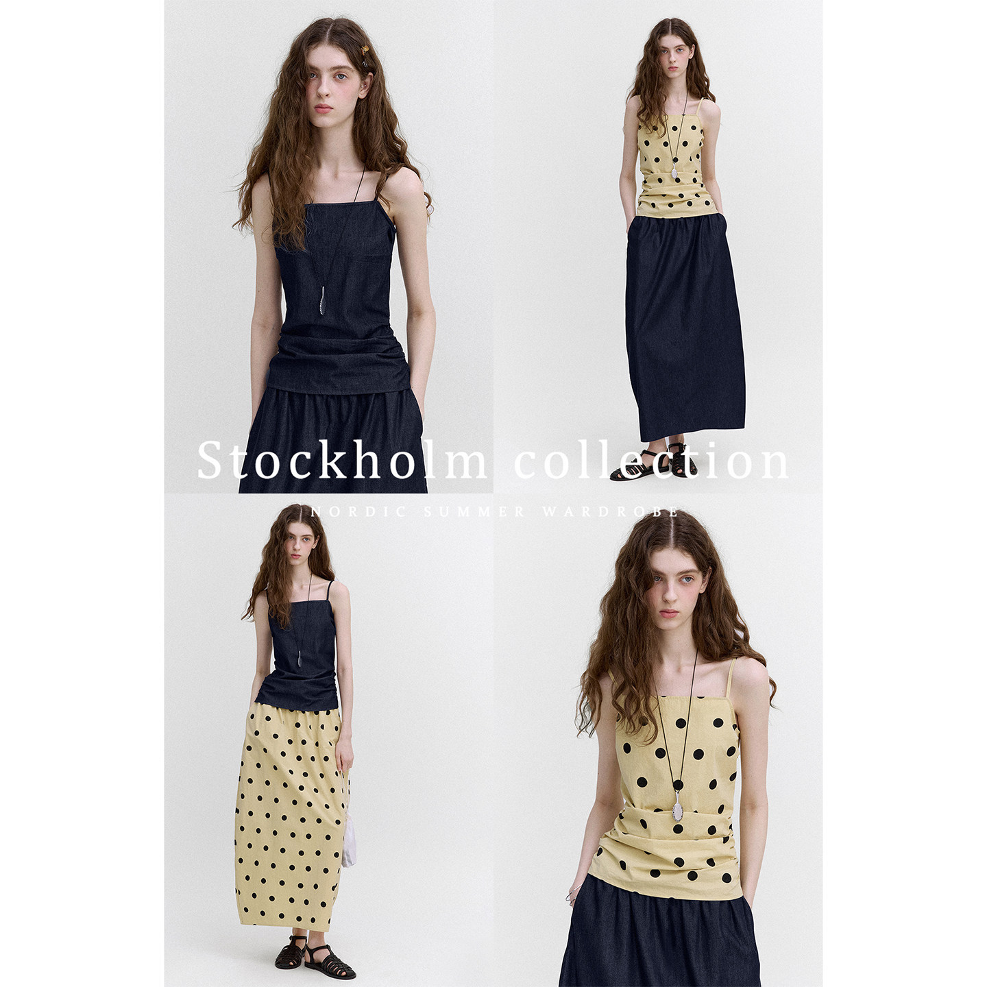 Letm Scandinavian Retro Denim Polka Dot Waist Pleated Suspender Top Silhouette Skirt Suit for Women