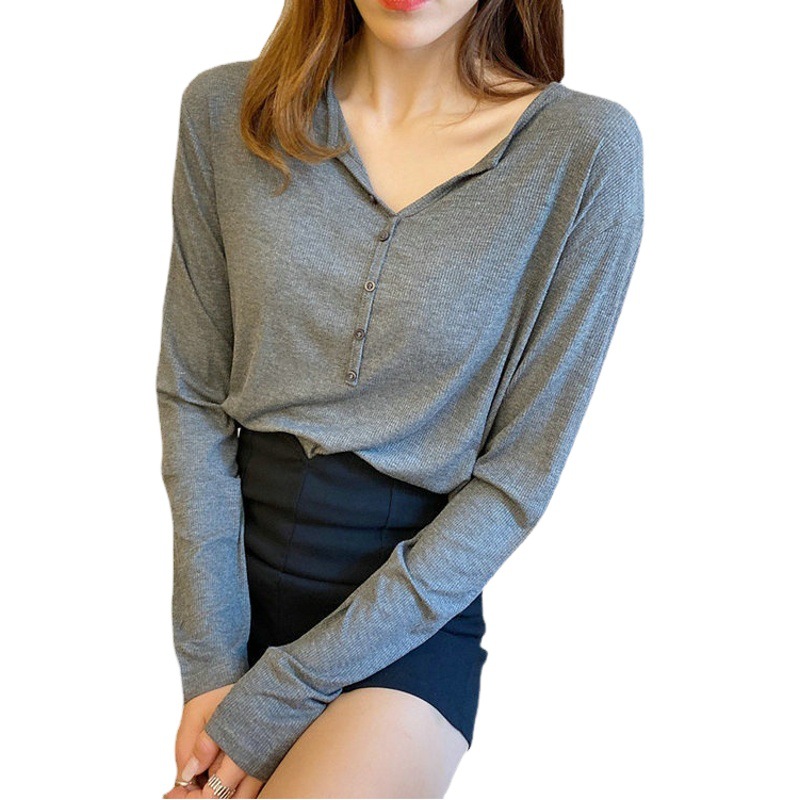2023 Primavera/Verano/otoño nueva camisa de fondo máscara superior hilo de color sólido de manga larga Camiseta de las mujeres con cuello en V camisa pequeña cuerpo image 1
