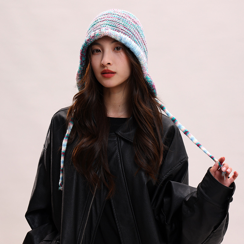 Cappelli di lana autunnali e invernali per bambini, colori arcobaleno a contrasto per mettere in mostra il viso, piccola borsa con testa carina legata con corda_voghion.com