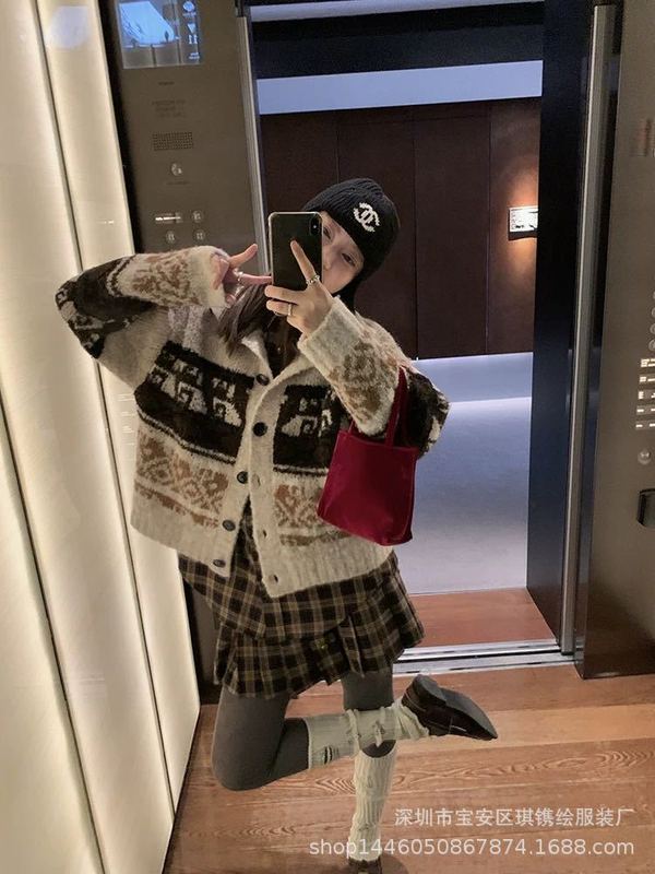 琪镌绘制费尔岛开衫外套女美式宽松慵懒风撞色高领针织毛衣88220|undefined