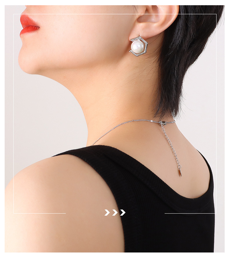 Retro Geometric Titanium Steel Plating Pearl Earrings Necklace