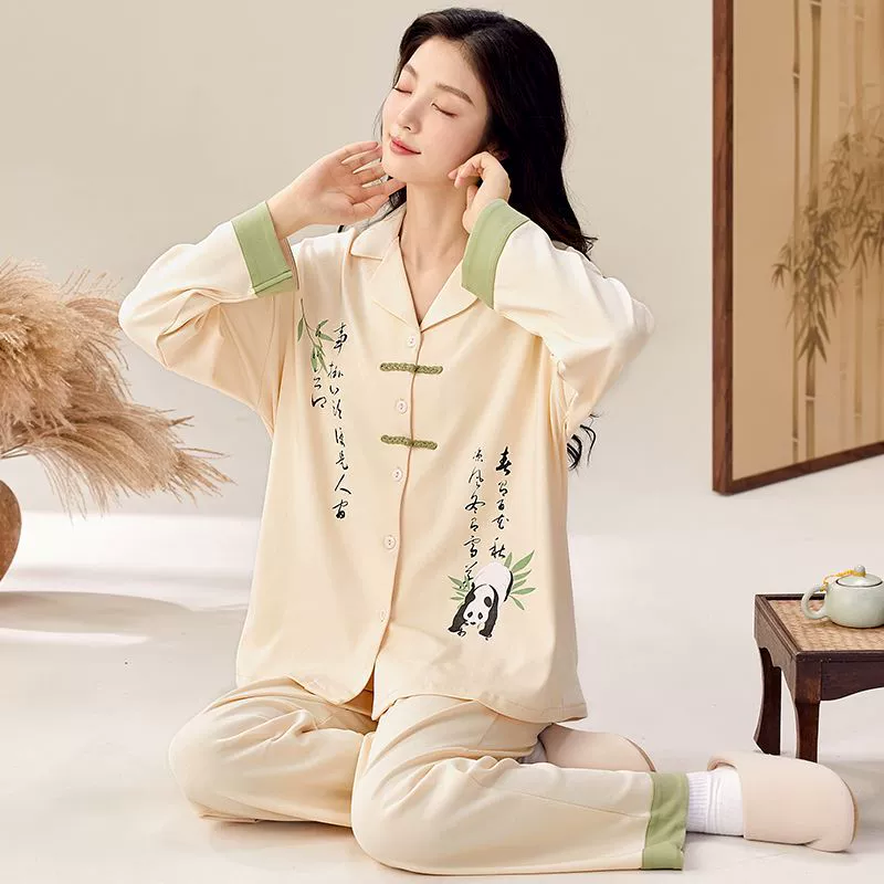 2025 новая китайская пижама женская хлопчатобумажная весенняя и осенняя отворота с нагрудным ковриком