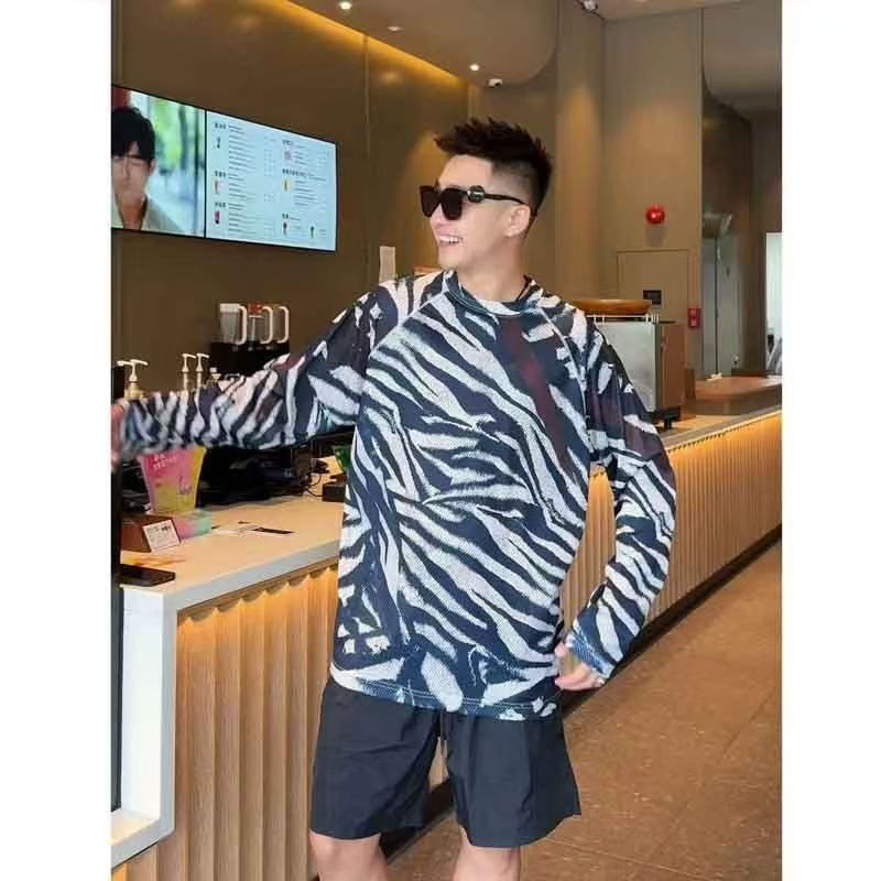 2026 Men's American-style sports zebra print sun protection shirt T-shirt, ice silk mesh breathable elastic quick-dry long-sleeve shirt