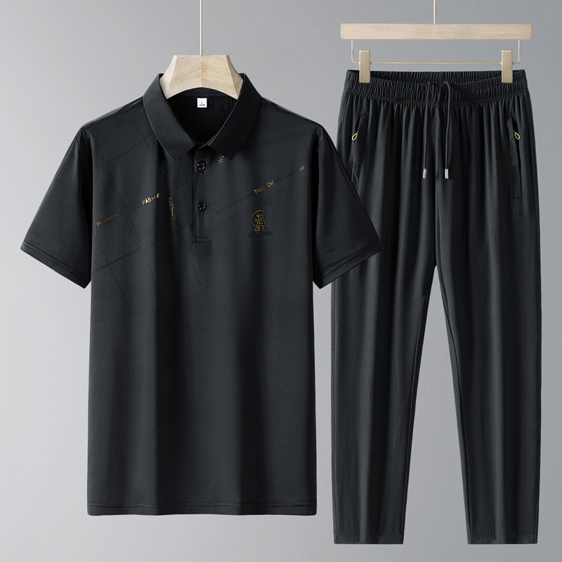 Verano nuevo estilo de mediana edad y ancianos traje deportivo de ocio camisa POLO de seda de hielo para hombres pantalones de dos piezas de papá de manga corta para hombres