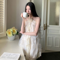女性用ドレス、ニッチな刺繍レースステッチの妖精スカート、ミドル丈のホルターネックふわふわホットガールサスペンダースカート