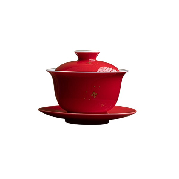 Red festive ceramic tea cup for home use
