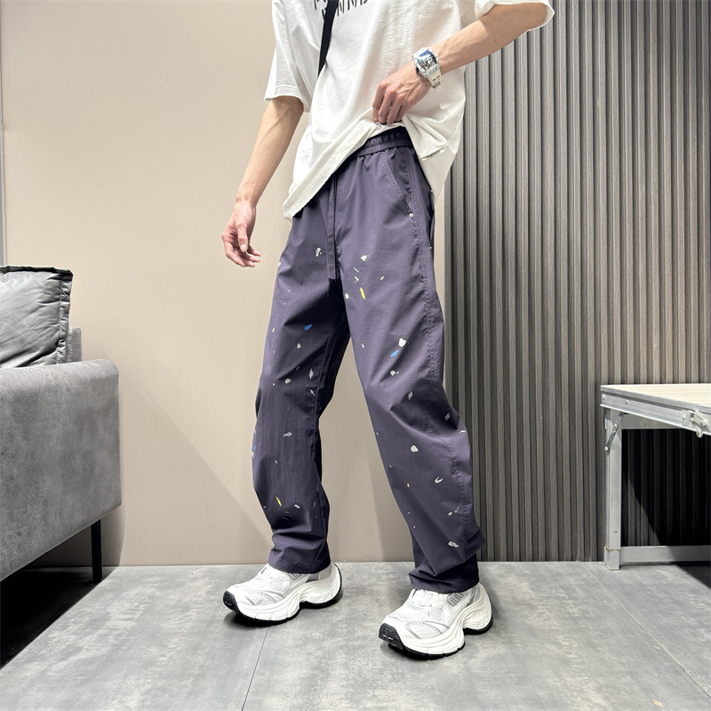 Pantalon décontracté à coupe étroite pour homme, coupe ample, coupe droite, coupe incurvée, sensation haut de gamme, effet vieilli, encre éclaboussée_voghion.com