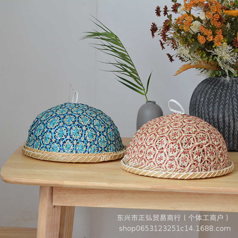 Cesta de bambú, cubierta de verduras, cocina, cubierta de alimentos a prueba de moscas para el hogar, canasta de secado de té, panadería de frutas, a prueba de polvo, recogedor redondo de bambú