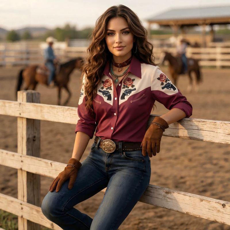 Women's Western Cowboy Style Geometric Print Shirt, Retro Color-Blocked Lapel Casual Long-Sleeve Top, Linen Blend