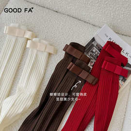 GOOD FA 2024秋冬新款蝴蝶结m*um*u缪系秀场坑条及膝小腿袜