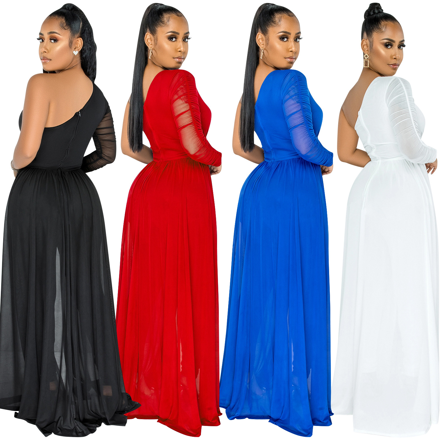 X5675 transfronterizo AliExpress deseo color sólido sexy malla ver-a través de un hombro oblicuo collar pantalones de manga larga Mono para las mujeres image 5