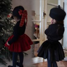 女童秋冬丝绒半身裙圣诞款百搭短裙洋气蓬蓬裙四季可穿百褶裙