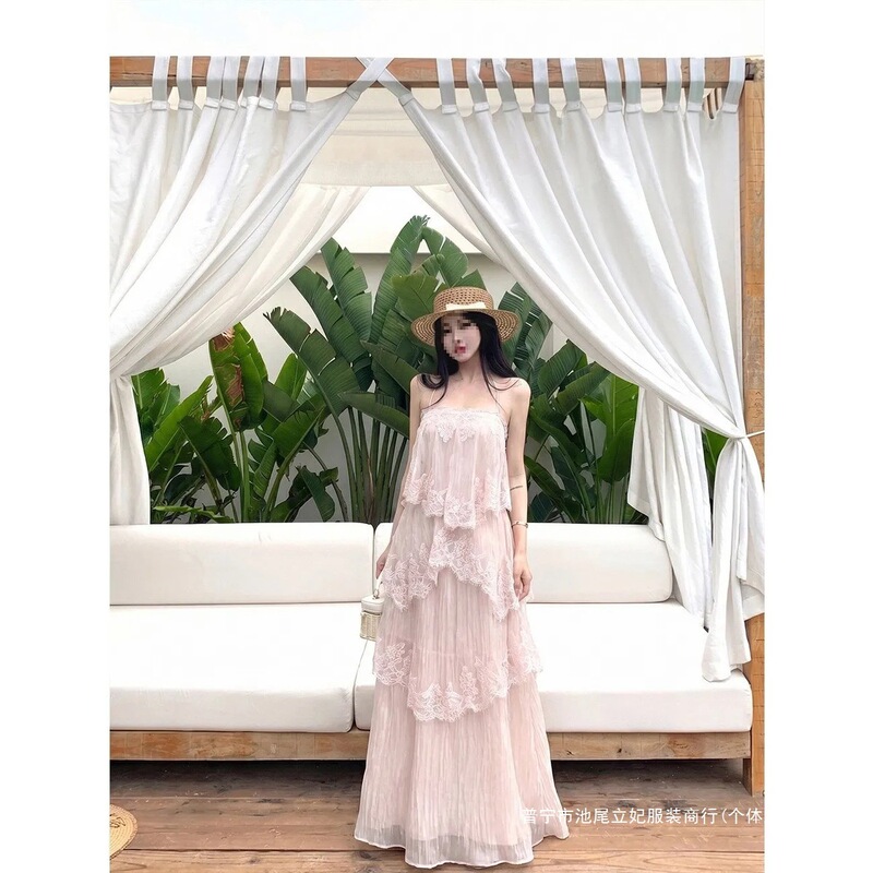 Beach Vacation Gentle Breeze Pink Irregular Lace Strap Cake Dress 2026 Summer Unique Beautiful Loose Long Dress Beach Vacation Gentle Breeze Pink Irregular Lace Strap Cake Dress 2026 Summer Unique Beautiful Loose Long Dress