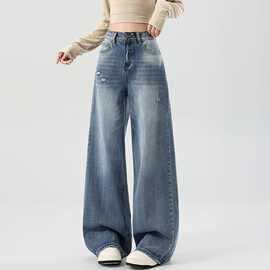 2026春夏新款复古蓝破洞阔腿牛仔裤女宽松直筒裤JEANS WOMEN