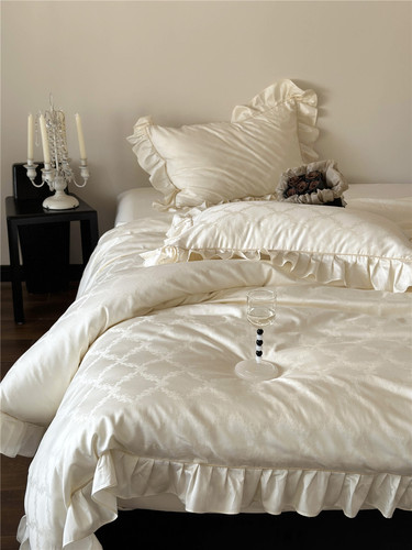 50 long-staple cotton light luxury high-end satin four-piece set 100% cotton jacquard ruffled temperament solid color girly style bedding