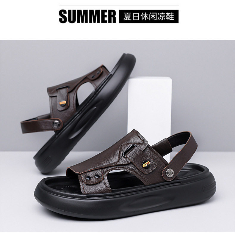 Dép sandal nam da bò lớp đầu đế dày xốp, quai hở ngón kiểu lười thoáng khí — G2S562 màu nâu, G2S562 màu đen chi tiết 16