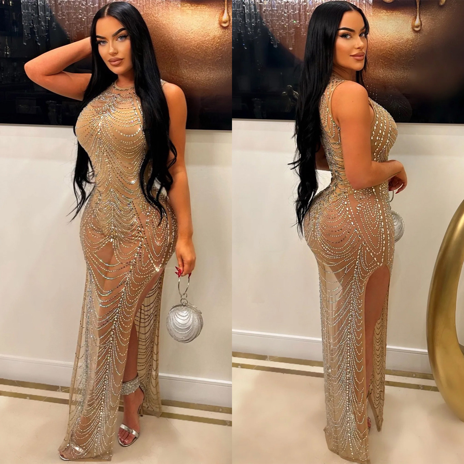 C6733 transfronteriza AliExpress Amazon moda europea y americana de las mujeres de color sólido malla rhinestone vestido sin mangas vestido image 5