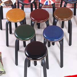 美式铁艺凳子家用可叠放实木软坐圆凳子商用客厅椅子时尚板凳餐百