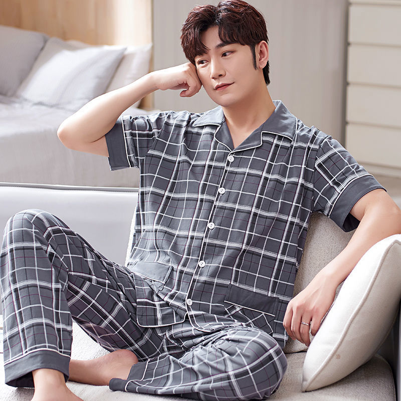 Pijamas de hombre ropa de verano 100% algodón pantalones de manga corta chaqueta juvenil traje de homewear delgado de mediana edad