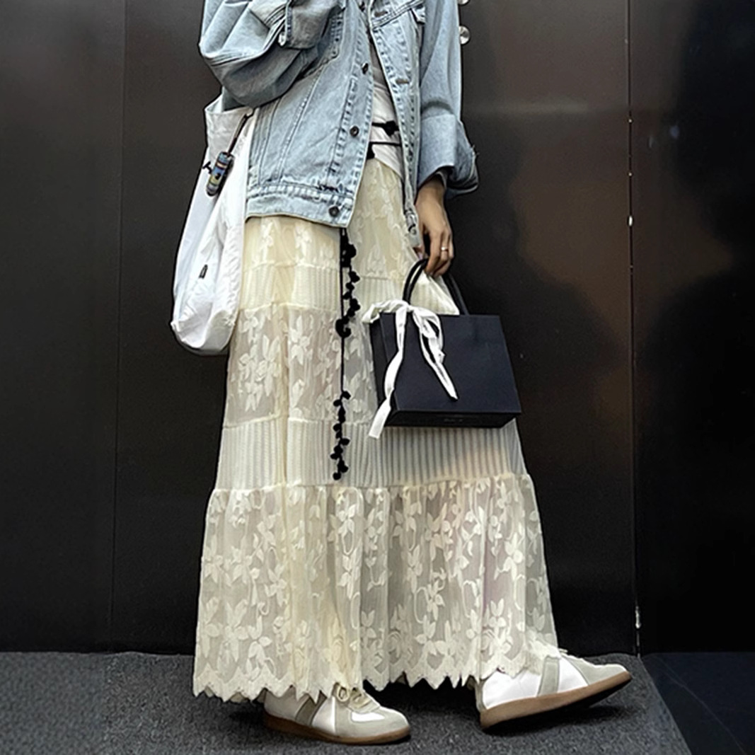 Design elegant lace spring solid long skirt