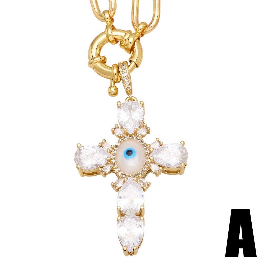 Hip Hop Eye Cross Pendant Thick Chain Copper 18K Gold-plated Inlaid Zircon Necklace