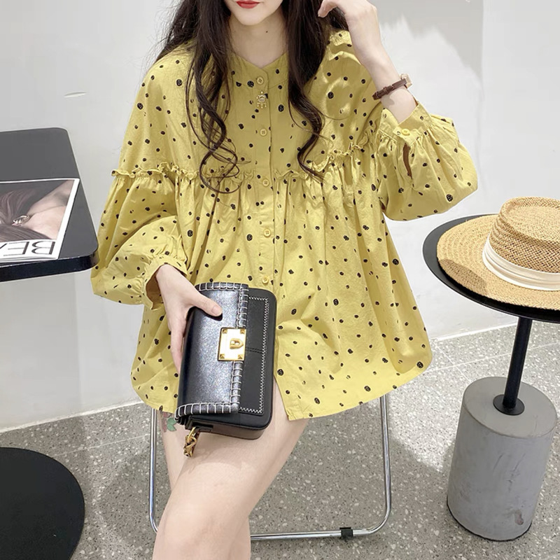 Mori style wooden ear stitching dot print cotton long-sleeved shirt Women's versatile cute stand collar autumn cardigan top Mori style wooden ear stitching dot print cotton long-sleeved shirt Women's versatile cute stand collar autumn cardigan top