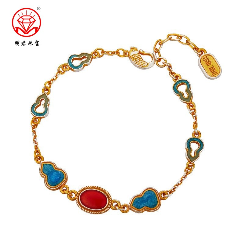 S9999 Sterling Silver Gold Enamel Bracelet for Women, New Chinese Style Morning and Evening Pure Silver Bracelet, High-End Antique Style Gift for Good Luck