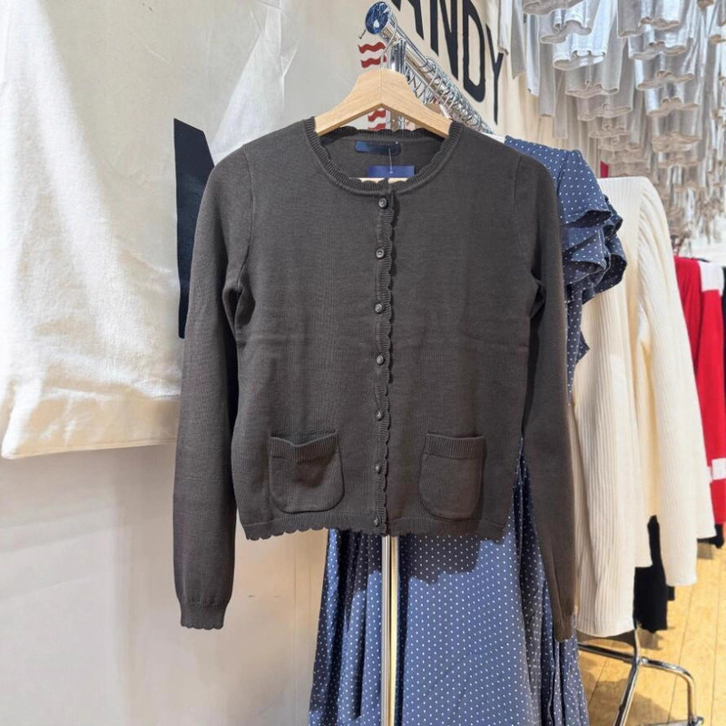 Bm New Round Neck Lace Button Knit Cardigan Bm Autumn Pocket Sweet Gentle Slim Versatile Jacket Top