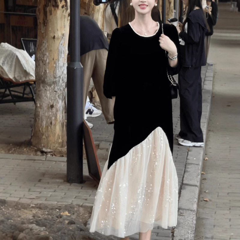 Sequin Decoration Fashion dress Children Spring and Autumn New Elegant Loose Slimming Velvet Mid-length Base Skirt