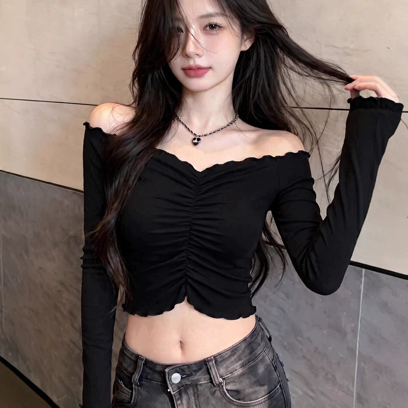 Ruffled off-shoulder pleated long-sleeve T-shirt for women, new autumn slim-fit short solid color trendy one-shoulder top