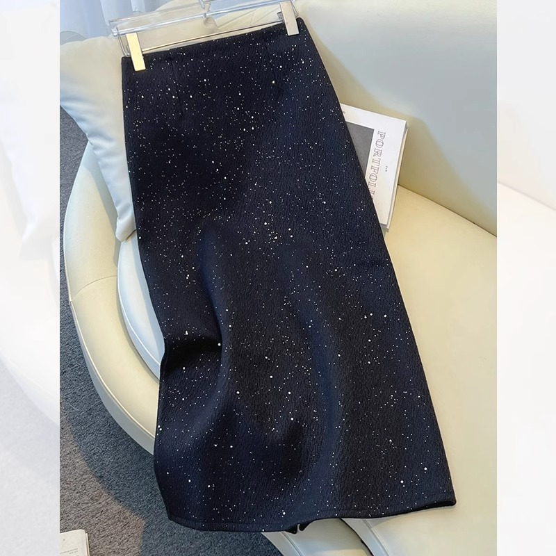 黑色毛呢半身裙女秋冬季2025新款高腰中长款包臀裙羊绒亮片a字裙