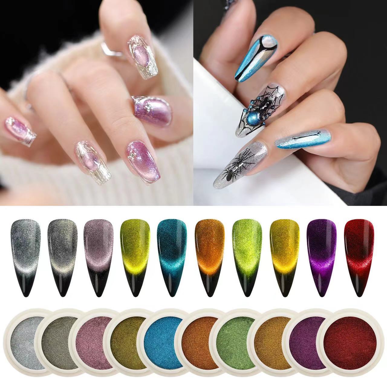Polvo de espejo mágico de manicuras de estado sólido de polvo de espejo mágico no volante de polvo de polvo de flash de polvo magnético de ojo de gato super brillante y colorido