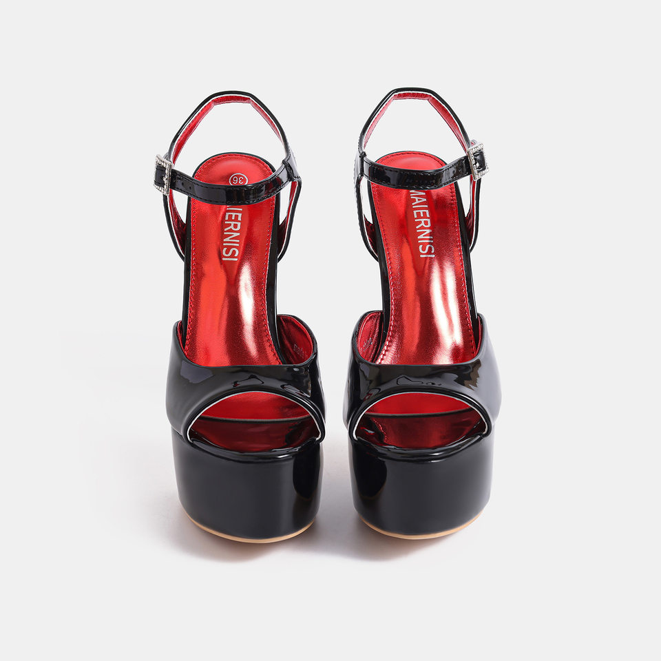 Giày cao gót sandal nữ quai ngang hở mũi gót 14 cm phong cách Âu Mỹ — Màu be, màu đen chi tiết 4
