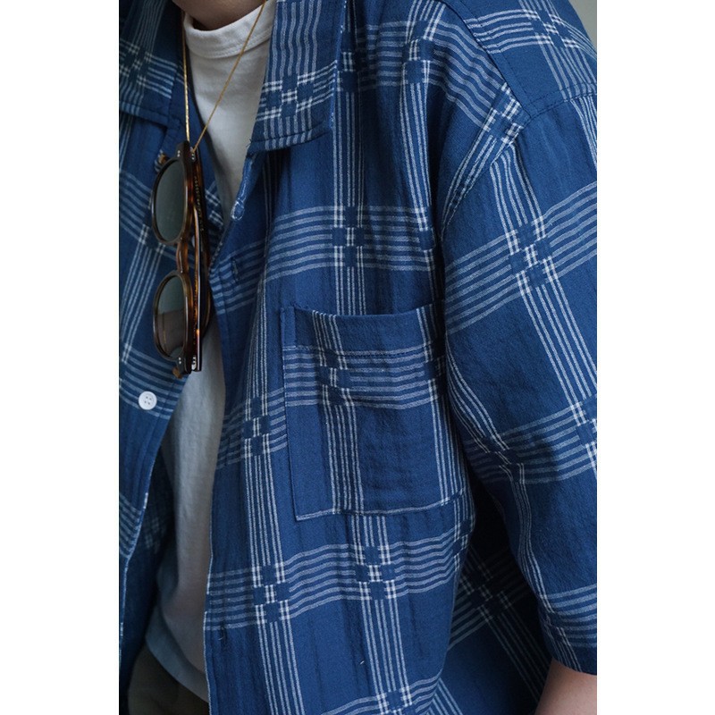 Camicia uomo retro stile giapponese a quadri collo cubano blu_voghion.com