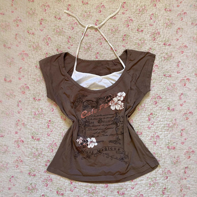 Millennial Hot Girl Y2K Brown Top Vintage Hot Girl Slim Fit Ultra Short Sleeve Fake Two-Piece Top 2025